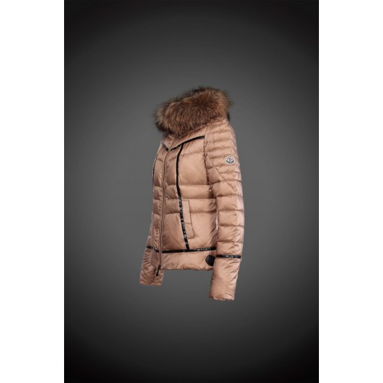 Women Moncler Down Jacket With Raccoon Fur Collar Light Tan