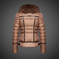 Women Moncler Down Jacket With Raccoon Fur Collar Light Tan