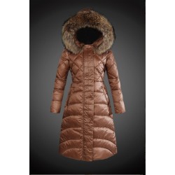 Women Moncler Long Down Coats With Raccoon Fur Collar Brown