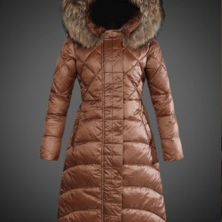 Women Moncler Long Down Coats With Raccoon Fur Collar Brown