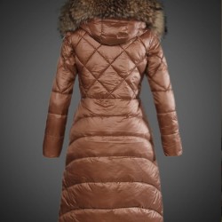 Women Moncler Long Down Coats With Raccoon Fur Collar Brown