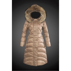 Women Moncler Long Down Coats With Raccoon Fur Collar Light Tan