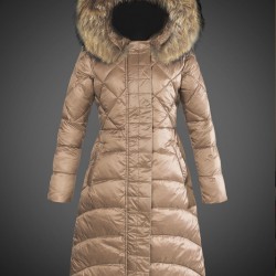 Women Moncler Long Down Coats With Raccoon Fur Collar Light Tan