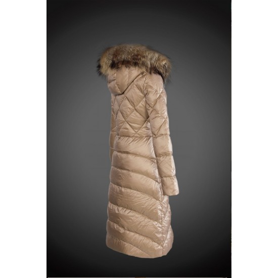 Women Moncler Long Down Coats With Raccoon Fur Collar Light Tan