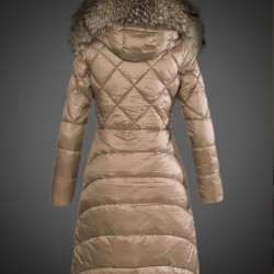 Women Moncler Long Down Coats With Raccoon Fur Collar Light Tan