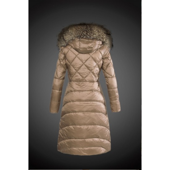 Women Moncler Long Down Coats With Raccoon Fur Collar Light Tan