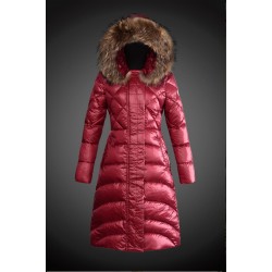 Women Moncler Long Down Coats With Raccoon Fur Collar Red