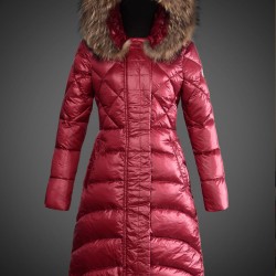 Women Moncler Long Down Coats With Raccoon Fur Collar Red