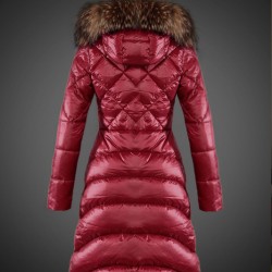 Women Moncler Long Down Coats With Raccoon Fur Collar Red