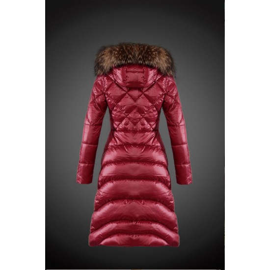 Women Moncler Long Down Coats With Raccoon Fur Collar Red