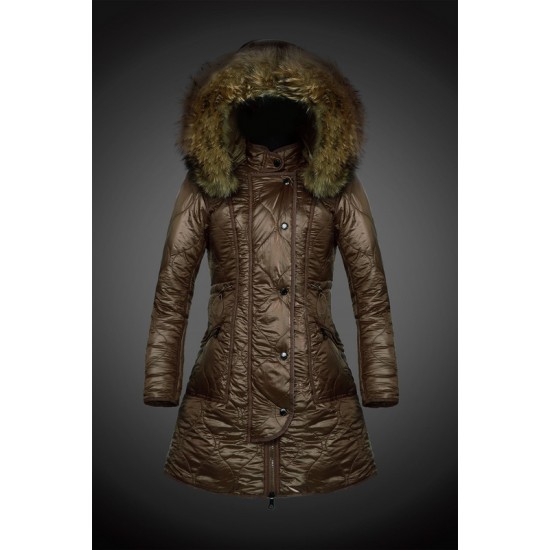 Women Moncler Long Down Coats With Raccoon Fur Collar Army Green