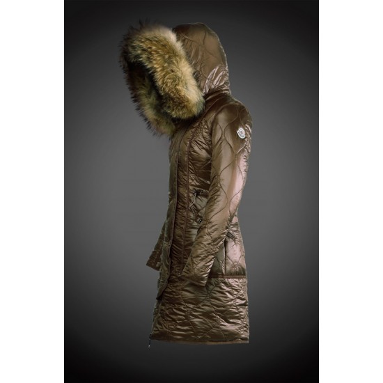 Women Moncler Long Down Coats With Raccoon Fur Collar Army Green