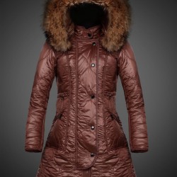 Women Moncler Long Down Coats With Raccoon Fur Collar Brown