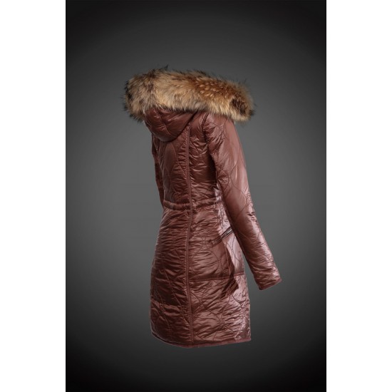 Women Moncler Long Down Coats With Raccoon Fur Collar Brown