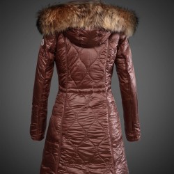 Women Moncler Long Down Coats With Raccoon Fur Collar Brown