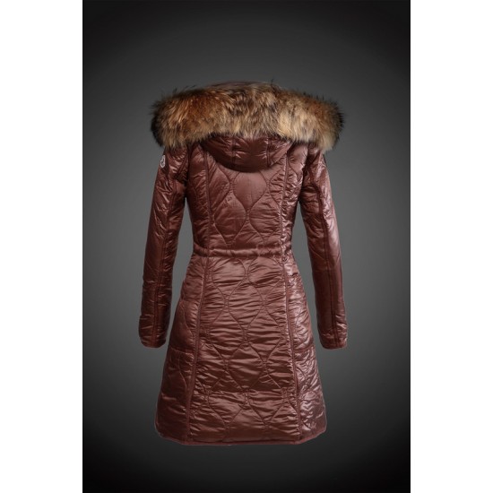 Women Moncler Long Down Coats With Raccoon Fur Collar Brown