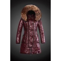 Women Moncler Long Down Coats With Raccoon Fur Collar Purple Red