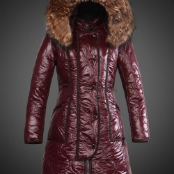 Women Moncler Long Down Coats With Raccoon Fur Collar Purple Red