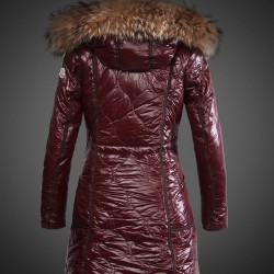 Women Moncler Long Down Coats With Raccoon Fur Collar Purple Red