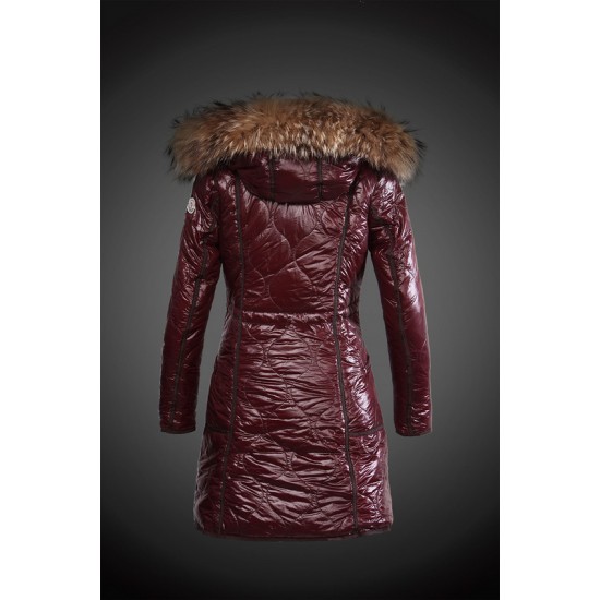 Women Moncler Long Down Coats With Raccoon Fur Collar Purple Red