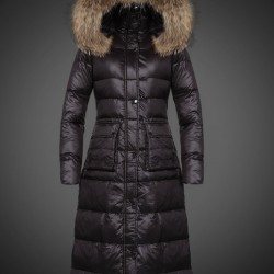 Women Moncler Long Down Coats With Raccoon Fur Collar Black