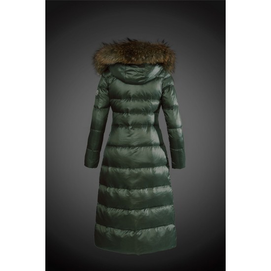 Women Moncler Long Down Coats With Raccoon Fur Collar Green