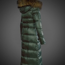 Women Moncler Long Down Coats With Raccoon Fur Collar Green