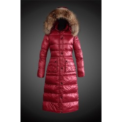 Women Moncler Long Down Coats With Raccoon Fur Collar Red