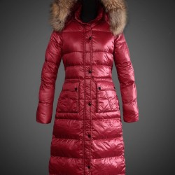 Women Moncler Long Down Coats With Raccoon Fur Collar Red