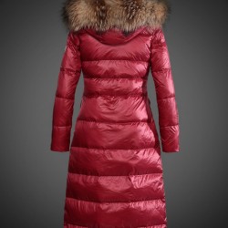 Women Moncler Long Down Coats With Raccoon Fur Collar Red