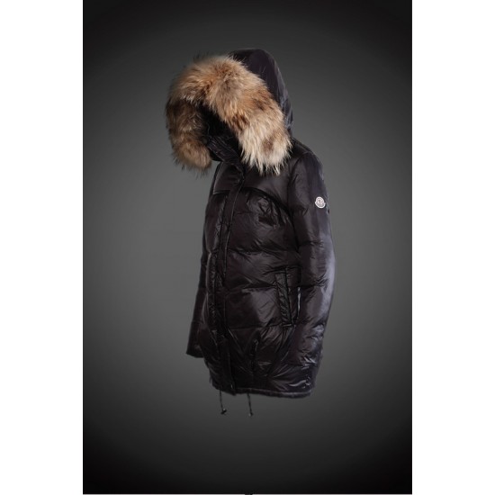 Women Moncler Long Down Coats With Raccoon Fur Collar Black