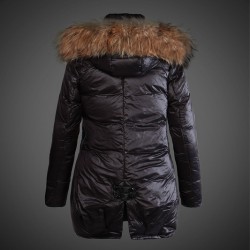 Women Moncler Long Down Coats With Raccoon Fur Collar Black