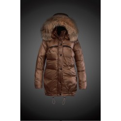 Women Moncler Long Down Coats With Raccoon Fur Collar Brown