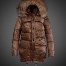 Women Moncler Long Down Coats With Raccoon Fur Collar Brown