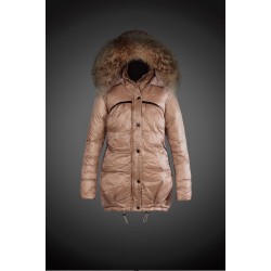 Women Moncler Long Down Coats With Raccoon Fur Collar Light Tan