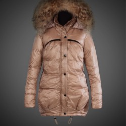 Women Moncler Long Down Coats With Raccoon Fur Collar Light Tan