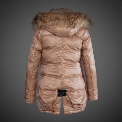 Women Moncler Long Down Coats With Raccoon Fur Collar Light Tan