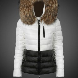 Women Moncler Down Coats With Raccoon Fur Collar White Black