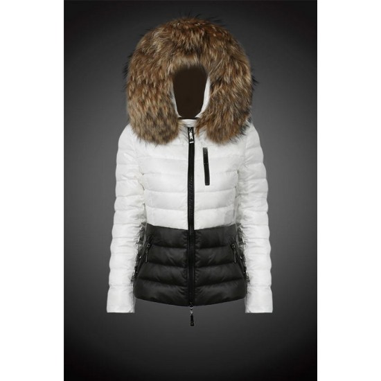 Women Moncler Down Coats With Raccoon Fur Collar White Black