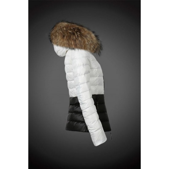 Women Moncler Down Coats With Raccoon Fur Collar White Black