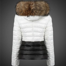 Women Moncler Down Coats With Raccoon Fur Collar White Black