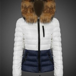 Women Moncler Down Coats With Raccoon Fur Collar White Blue