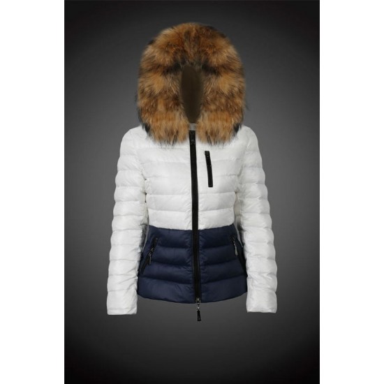 Women Moncler Down Coats With Raccoon Fur Collar White Blue