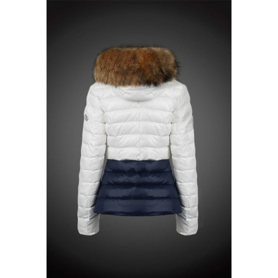 Women Moncler Down Coats With Raccoon Fur Collar White Blue