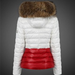 Women Moncler Down Coats With Raccoon Fur Collar White Red