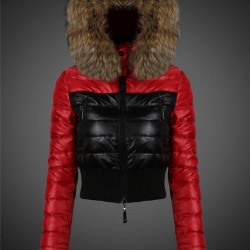 Women Moncler Down Jacket With Raccoon Fur Collar Red Black