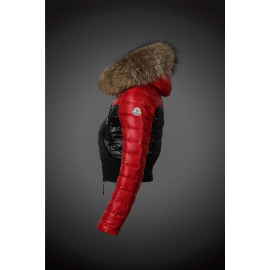 Women Moncler Down Jacket With Raccoon Fur Collar Red Black