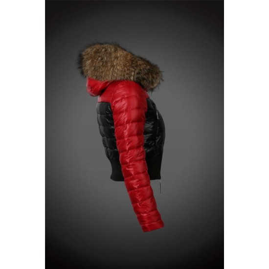 Women Moncler Down Jacket With Raccoon Fur Collar Red Black