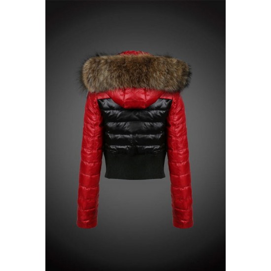 Women Moncler Down Jacket With Raccoon Fur Collar Red Black