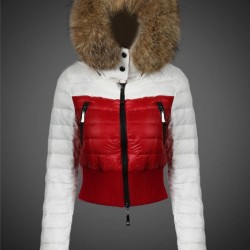 Women Moncler Down Jacket With Raccoon Fur Collar White Red
